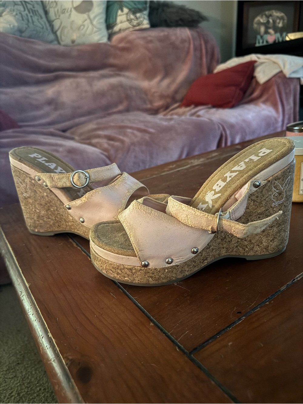 PLAYBOY blush pink cork wedge sandals